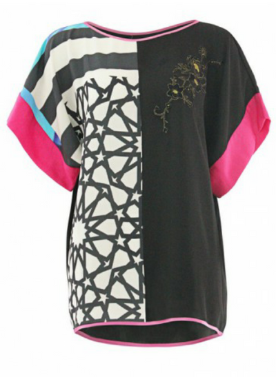 Summer Loose Fit Designer Top Short Sleeves | Designer Summer Top | Modest Fashion Arabic Black & White Print with Pink & Sky Blue 