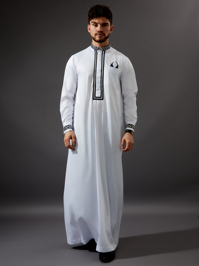 Smart White Formal Thobe | White Jubba with Crystal & Black Embroidery with Crystal, available also in Children size