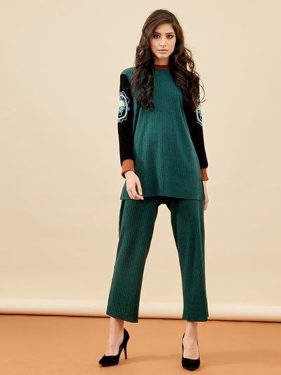 La Mosaika 2k19 Knitted Green Black Velvet Set | Green Modest Pants & Top