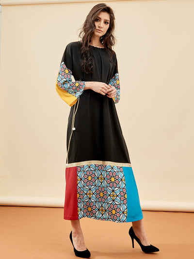Modest Long Tunic Dress with Belt | Black Color Block Modest Dress inspired by Modern Saudi Arabia Lifestyle
