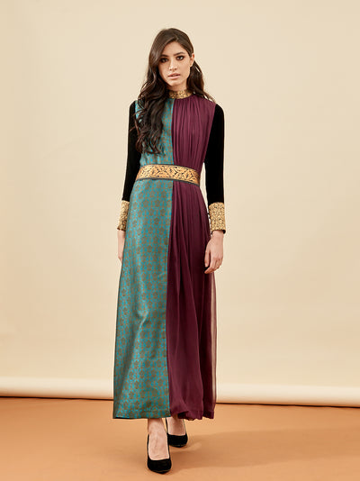 Teal Plum Brocade Chiffon Dress, Designer Fashion, Arabic Designer Fashion, Fall Winter Designer Abaya Dress