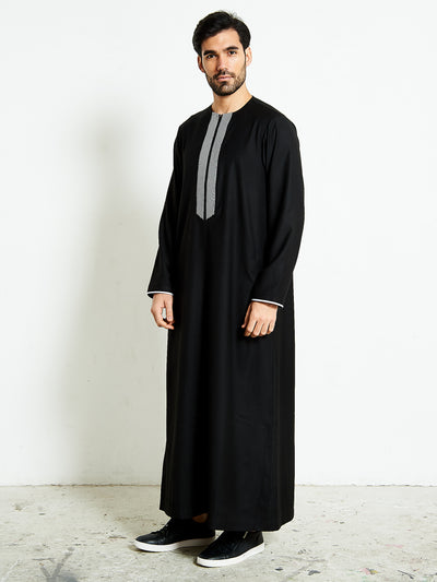 Black Thobe | Black Jubba with Black and White Placket