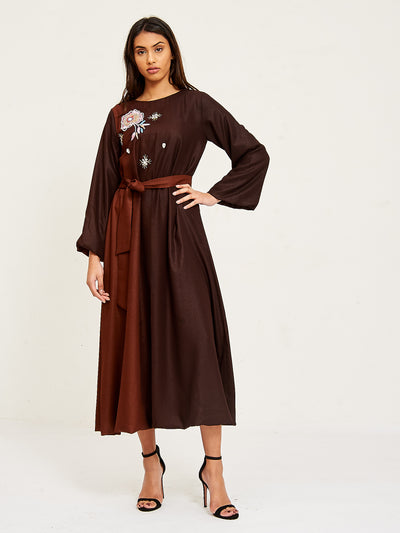 BUBBLE Chocolate Brown DRESS - MODEST MIDI DESIGNER DRESS with HAND EMBROIDERY  - Fall Winter Modest Dress