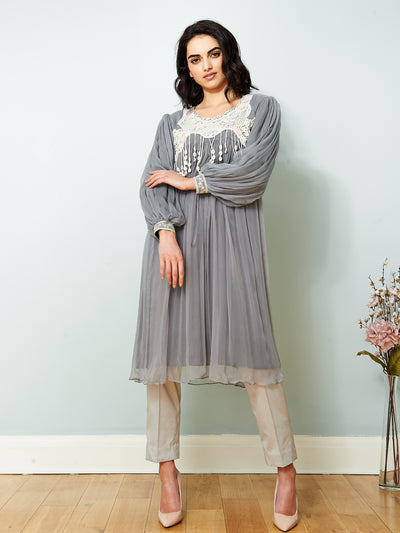 Chiffon Midi Dress Shade Grey with Embroidered Crochet Yoke