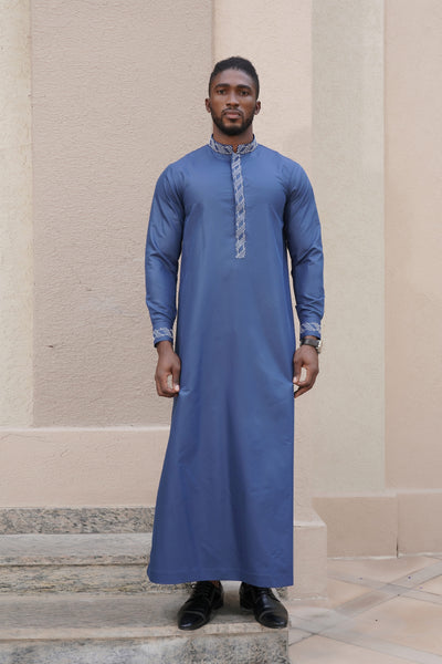 Luxury Blue Thobe with White Embroidery | Designer Abaya for Men