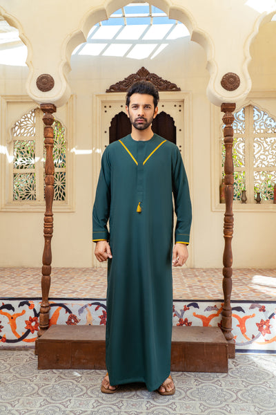 Bottle Green Designer Emirati Thobe with Golden Detailing | Luxury Thobe | Summer Thobe