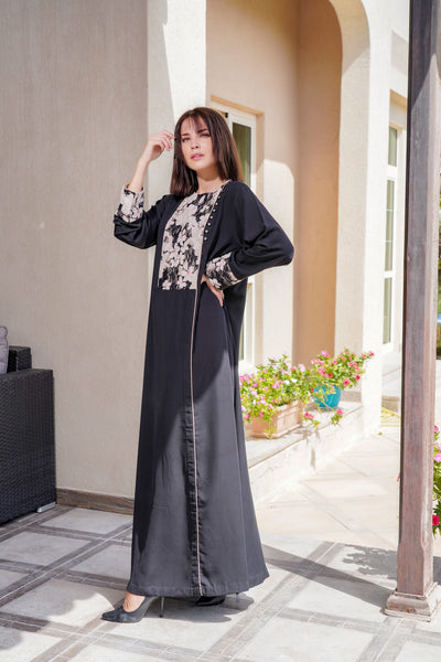  Black Abaya Dress with Floral Print on Front & Cuff