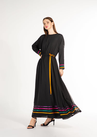 Long Black Modest Chiffon Dress with Crape Yellow, Green, Pink & Violet Lines and Yellow Belt | High-end Modest Fashion