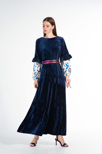 Navy Blue Velvet Maxi Dress | Boat Neck Velvet Blue Long Dress for Spring & Summer