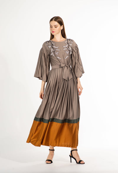 Embroidered Maxi Modest Dress | Chocolate Maxi Dress with Mustard & Leaf Green  Frill