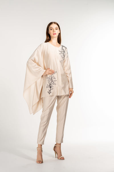 Bat Sleeves Pearl Kaftan Top with Hand Embroidery in Silver & Black, and Pearl White  Pants | High fashion modest set kaftan top with pants in pearl white