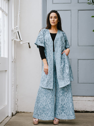 Powder Blue Cape with Pockets, Arabic Designer Fashion Modest Co ord Set Blue Brocade