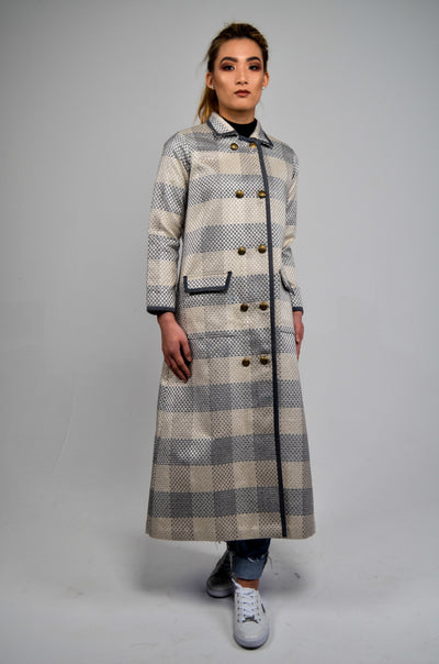 High End Modest Fashion Checked Grey & Nude Coat