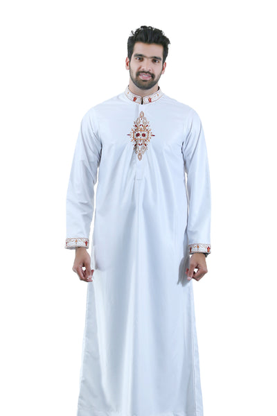 White Formal Thobe with Traditional Golden Embroidery JJ05