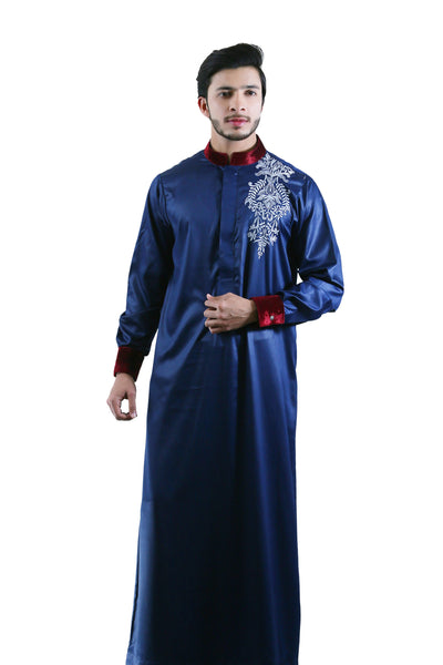 Designer Thobe Navy Blue with Maroon Joke and a unique embroidered motif | Luxury designer thobe navy blue