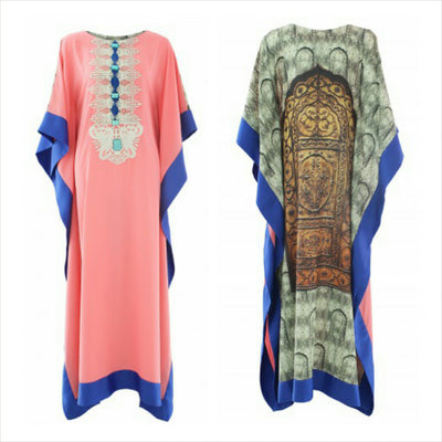 Chenille boutique door printed kaftan | Pastel pink kaftan dress with navy blue details and unique door print at the beck